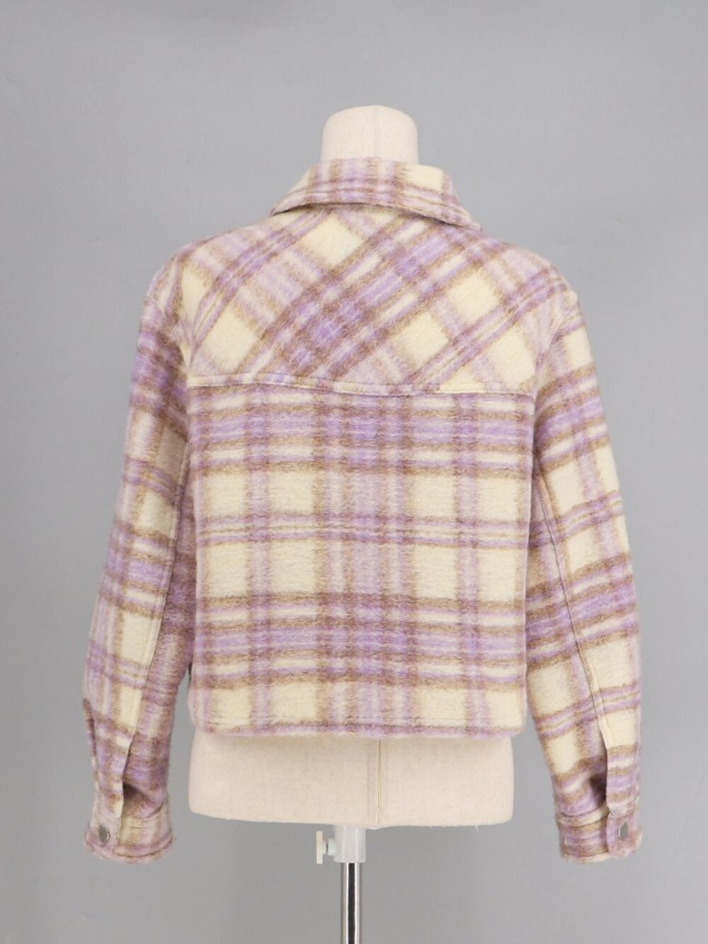 ZARA Wool Blend Plaid Cropped Shacket Jacket in Lilac & Cream Size M - Picture 4 of 5